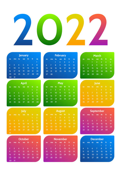 Calendar for 2022 isolated on a white background. Sunday to Monday, business template. Vector illustration - Vektör, Görsel