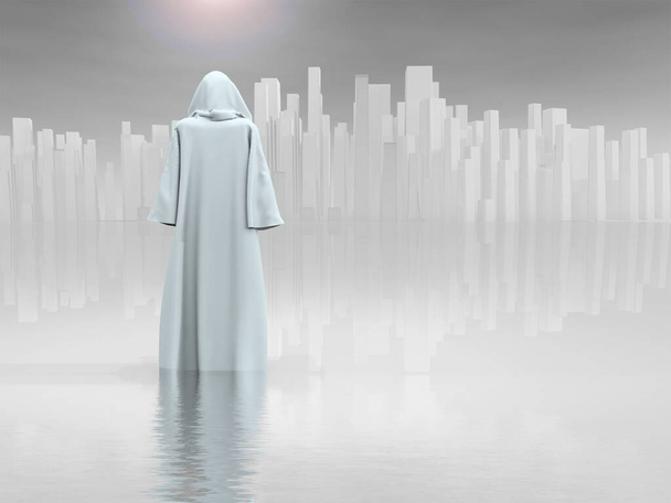 Surrealism. Robed Traveler before the pure city. - Foto, imagen