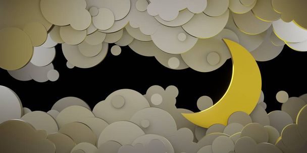 ciel nocturne et nuages pleine lune dans le ciel 3d illustration papier style de coupe - Photo, image