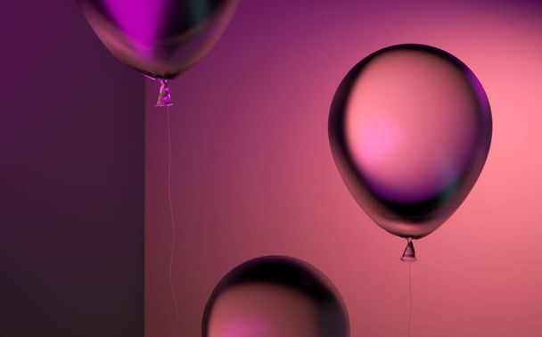 Transparent Balloons Illuminated By Neon Pink Light. Surrealism. Magic Realism. 3d rendering - Foto, afbeelding