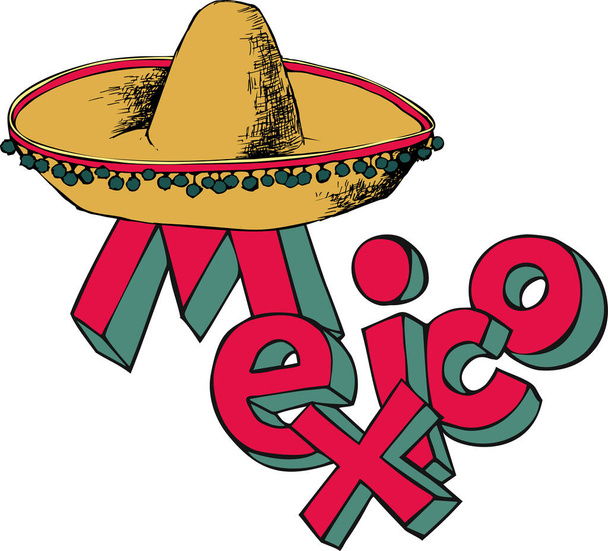  Handgezeichneter Schriftzug Mexiko und Sombrero-Hut auf weißem Hintergrund - Vektor, Bild