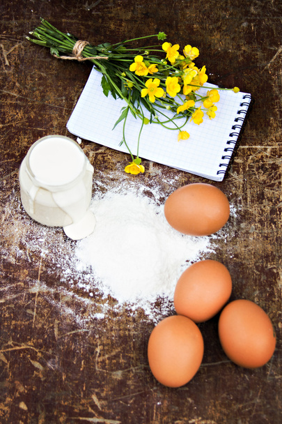 eggs, flour, sour cream, notepads recipes - Photo, Image