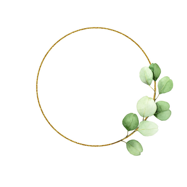 round gold frame with green eucalyptus leaves on a white background. minimal design for wedding, invitation, congratulations, greeting card. vintage style - Foto, Imagen