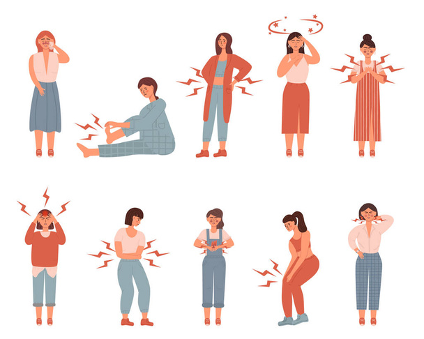 Set of unhappy womens. suffering pain or ache in different body parts - chest, neck, leg, back, stomack. Vector illustration in flat style. Healthcare, sickness, disease concept, isolated on a white. - Vector, Image