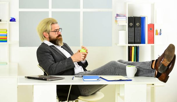 If you want to succeed, you have to take action. Successful man entrepreneur formal business suit sitting office interior. Business manager relaxing. Brainstorming. Office job. Business concept - Foto, imagen