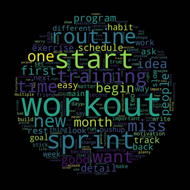 Word tag cloud on black background. Concept of workout. - Photo, Image