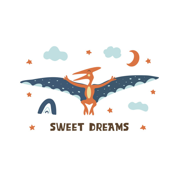 Pterosaur. Flying archosaurus pterodactyl, extinct ancient winged lizard, Jurassic period. Mesozoic era. Sweet dreams print, night sky with stars. Colorful vector isolated illustration hand drawn. White background - Vector, Image