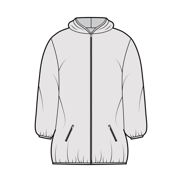 Down puffer σακάκι τεχνική απεικόνιση μόδας με μακριά μανίκια, hoody γιακά, zip-up κλείσιμο, μήκος μηρού - Διάνυσμα, εικόνα