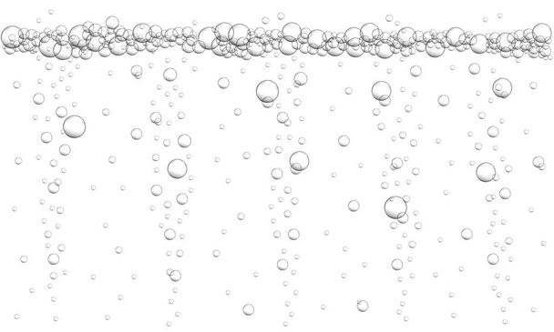Water air bubbles background. Texture of fizzy carbonated drink, seltzer, beer, soda, cola, lemonade, champagne, sparkling wine. Underwater stream in sea or aquarium - Vector, Image