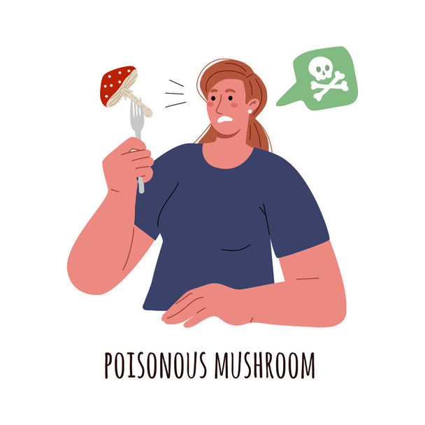 Young woman holds a poisonous amanita mushroom on a fork,facial disgust.Vector flat illustration. - Vector, Image