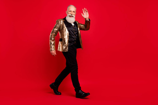 Full side profile photo of funny beard elder showman wave wear gold jacket pants isolated on red color background - Zdjęcie, obraz