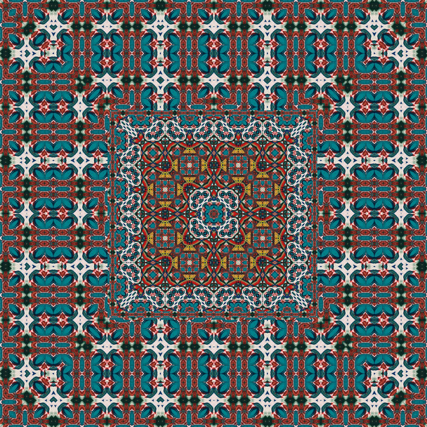 Seamless pattern for textile clothing, accessories, scarves, stoles, interior design and interior surfaces. Kaleidoscope and mosaic and striped patterns. Symmetrical composition - Foto, Imagen