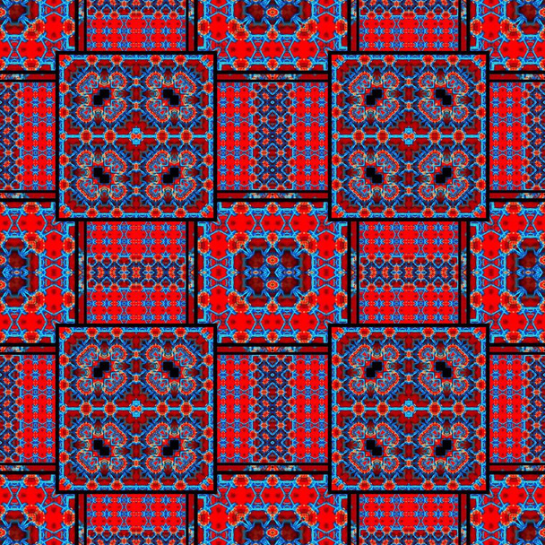 Naadloos patroon voor textielkleding, accessoires, sjaals, stola 's, interieur en oppervlakken. Kaleidoscoop en streep ornament. De compositie is naadloos, symmetrisch. - Foto, afbeelding