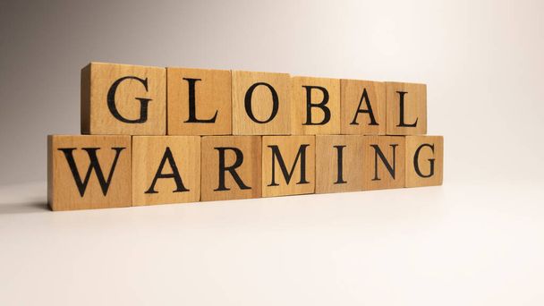 Název Global Warming byl vytvořen z dřevěných kostek písmen. zavřít. - Fotografie, Obrázek