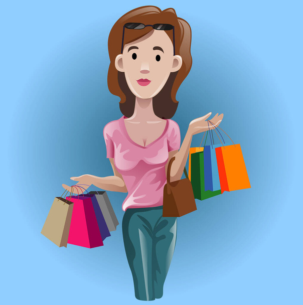Vector illustration, a woman carrying a lot of groceries. - Vector, Image