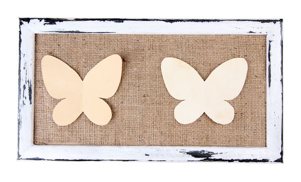 Wooden frame with paper butterflies isolated on white - Fotografie, Obrázek