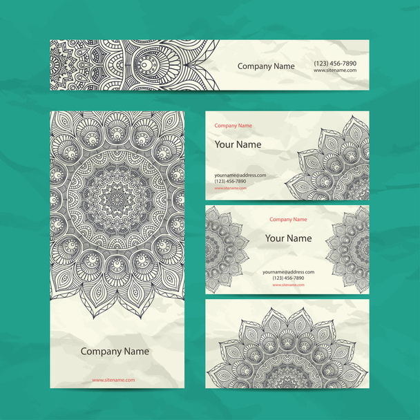 Set retro business card. Vector background. Card or invitation. Vintage decorative elements. Hand drawn background. Islam, Arabic, Indian, ottoman motifs. - Vector, imagen