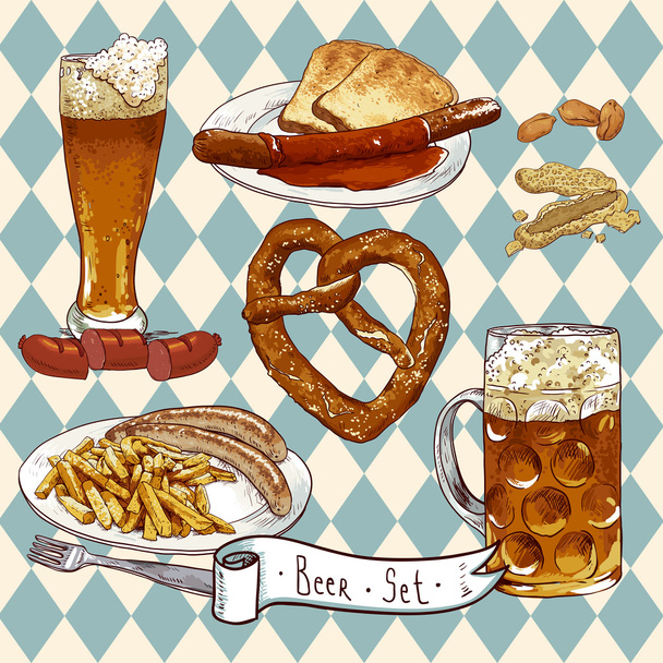 Set de cervezas con vasos de cerveza, pretzel, salchichas
 - Vector, Imagen