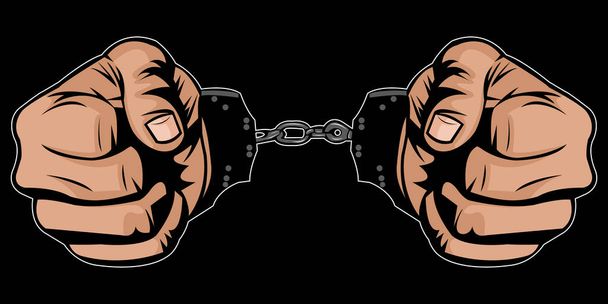 Vector Illustration of two hand in handcuffs on black background. Prisoner hands. A punishment. Human hands. Body part. Deprivation of freedom - Vector, Image