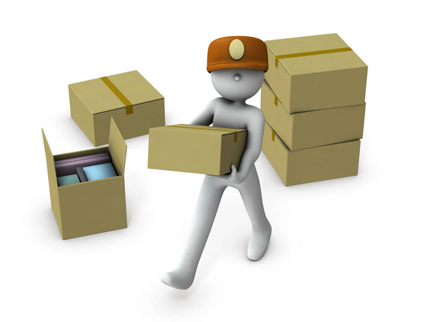 A courier who carries cardboard boxes hard. White background. 3D rendering.  - Photo, Image