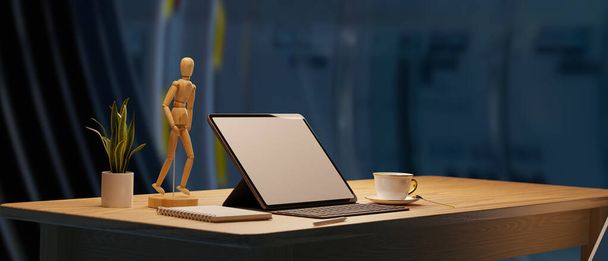 Side view, Working space with portable tablet, decor on wooden table under low light and blurry blue room interior background, 3d rendering, 3d illustration - Фото, изображение