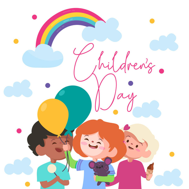 γιορτή της ημέρας των παιδιών με πολύχρωμο ουράνιο τόξο με τα μπλε σύννεφα και τρία παιδιά με πράσινο και κίτρινο μπαλόνι - Διάνυσμα, εικόνα