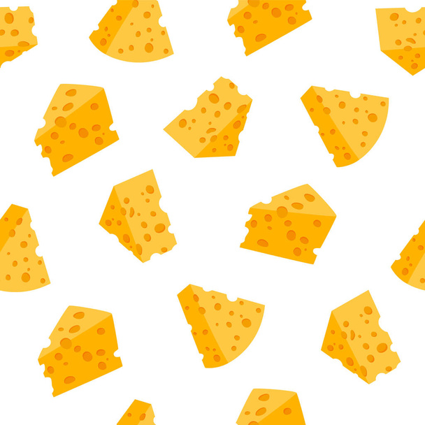 Cheese pattern. Seamless texture of organic sour milk food. Cartoon dairy products yellow pieces with holes. Natural Maasdam slices. Gourmet snack. Vector decorative print template - Vector, Image