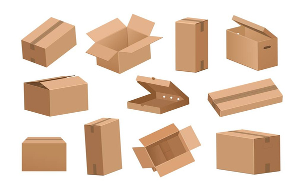 Pudełko kartonowe. Pakiety dostawy 3D kreskówek i paczek do wysyłki lub transportu. Brown otworzył i zamknął makietę papierowych pojemników. Zestaw pustych opakowań wektorowych - Wektor, obraz