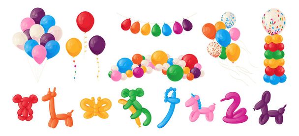 Balony ze zwierzętami. Dzieci z kreskówek imprezują kule helu. Dekoracja urodzinowa błyszczących zabawek cute. Uroczysta kolekcja. latające napompowane kulki i girlandy. Zestaw elementów wakacyjnych wektorowych - Wektor, obraz