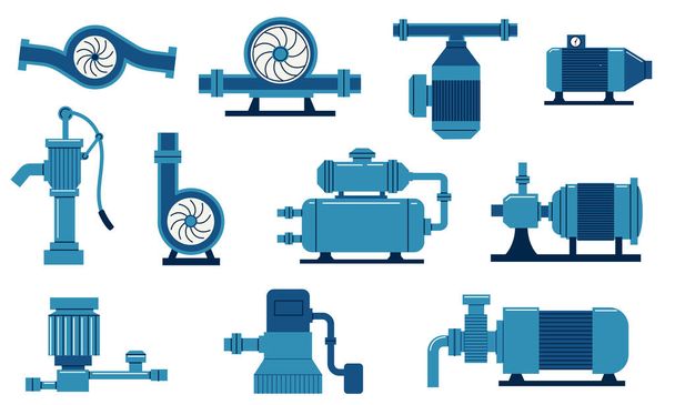 Water pump. Electric machine with compressor, aqua tank and motor. Gas and oil plumbing system. Cisterns with tube and valves. Industrial equipment set. Vector engineering construction - Vector, Image