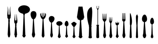 Black cutlery. Silhouettes of kitchenware. Utensils icons for restaurant and bistro brochures. Dishware mockup. Spoons and forks symbols. Serving spatula or knife. Vector tableware set - Vector, Image