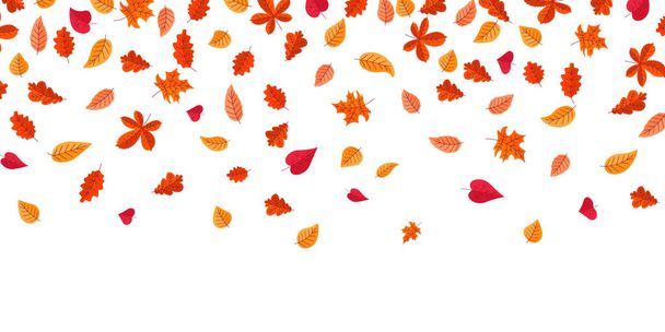 Falling leaves. Autumn background with red and orange flying maple foliage. Yellow oak or chestnut branches. Cartoon forest plants. Nature season. Vector October botanical elements - Vektori, kuva