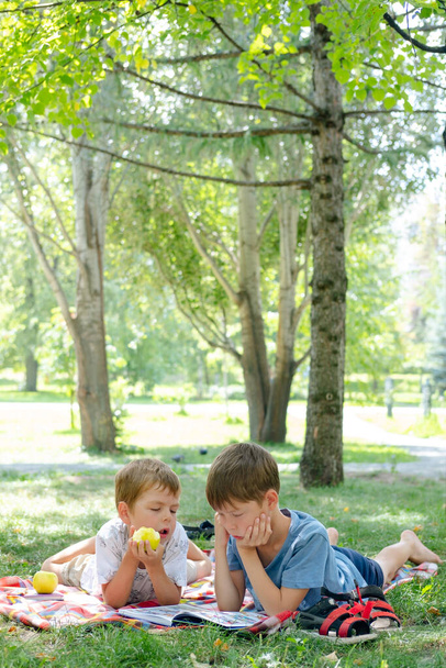 Dos chicos yacen sobre una manta en un parque verde. Los niños leen un libro tirado en el suelo, en el parque. Niños en un picnic en verano, leyendo libros. vacaciones de verano. La educación a distancia en la naturaleza. - Foto, Imagen