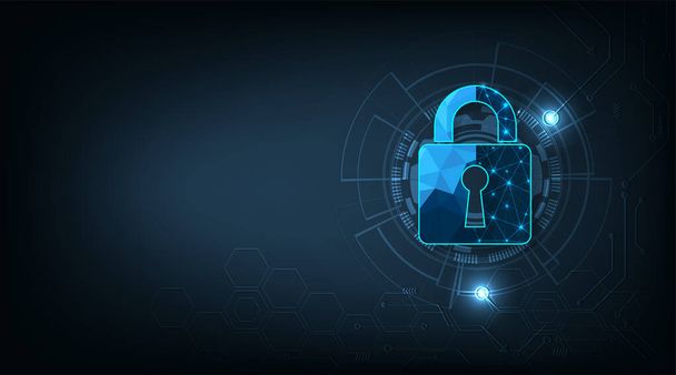 ダークブルーの背景にあるセキュリティ南京錠のアイコン。ハッカーやウイルスに対するオンラインデータアクセス防御のための技術。.  - ベクター画像
