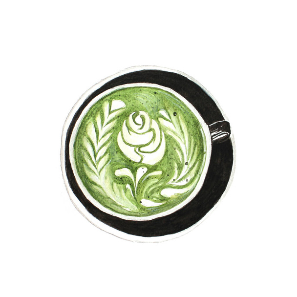 Matcha Latte Mleko Zielona herbata Akwarela - Zdjęcie, obraz