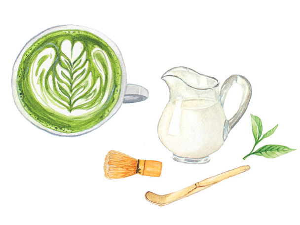 Matcha Latte Milk Green Tea Watercolor, Matcha Equipment, Whisk, Spoon, Milk, Tea leaves - Photo, Image