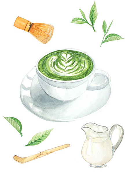 Маття Латте Молоко зеленый чай акварель, маття оборудование, виски, ложка, молоко, чай листья - Фото, изображение