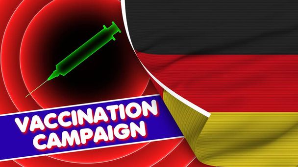 Γερμανία Ρεαλιστική σημαία με εμβολιασμό Εκστρατεία Τίτλος Ύφασμα Φαινόμενο 3D Εικονογράφηση - Φωτογραφία, εικόνα
