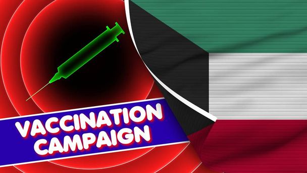 Kuvajtská realistická vlajka s vakcinační kampaní Název Fabric Texture Effect 3D Illustration - Fotografie, Obrázek