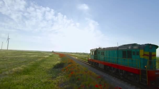 電車は花と緑のフィールドで旅行しています。撃たれた。ドローンは美しい夏の風景を背景に貨物列車に従います。電車は晴れた日に緑のフィールドで地平線に行きます - 映像、動画