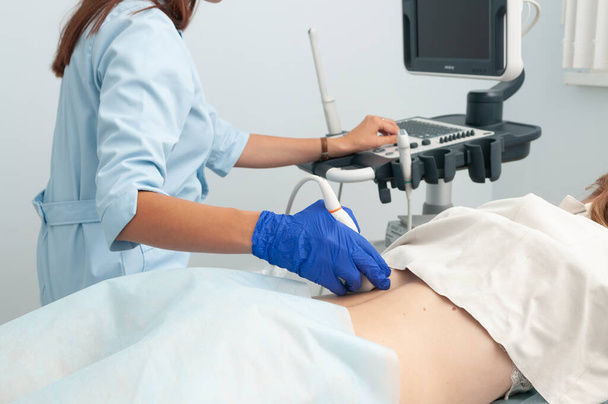 Ultrasound examination of kidneys.  Diagnostics of the lower back with an ultrasound machine - Photo, Image