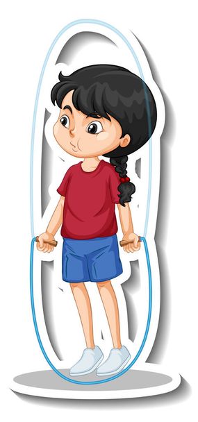 Desenhos animados personagem adesivo com uma menina pulando corda ilustração - Vetor, Imagem
