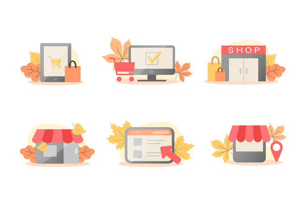 Осенний набор векторных значков для онлайновых и офлайновых магазинов - Вектор,изображение