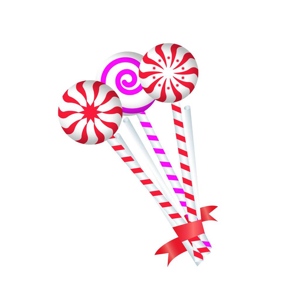 Nyalóka cukorka bot különböző színekben készlet, reális vektor mockup illusztráció elszigetelt fehér háttér. Kerek karamellás édességek mintagyűjteménye. - Vektor, kép