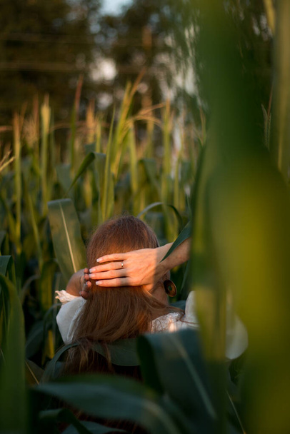 Young beautiful woman with long red hair between green leaves on a corn field in summer, in the light of the setting sun. - Фото, зображення