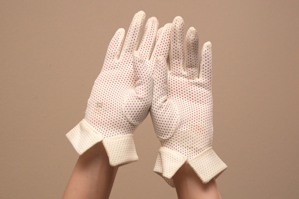 woman modeling vintage mesh formal white gloves - Photo, Image
