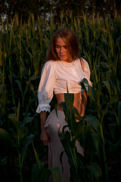 Young beautiful woman with long red hair between green leaves on a corn field in summer, in the light of the setting sun. - Foto, Imagen