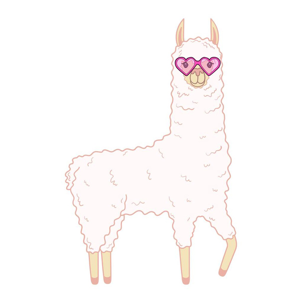 Cute llama with funny glasses. Vector illustration isolated on white background - Vector, Image