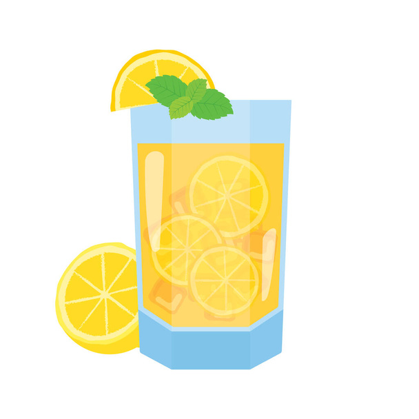 Copo de limonada com limão e folha de hortelã ícone. Vidro com vetor de bebida fresca no verão isolado em um fundo branco - Vetor, Imagem