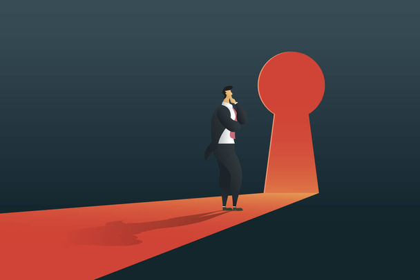 Businessman standing thinking near keyhole door  in the wall of the hole at light falls. illustration Vector - Vector, Image